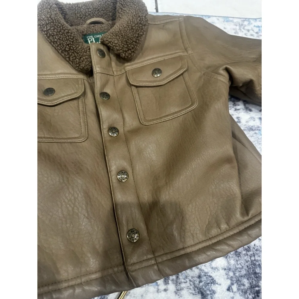 Vintage The Children's Place Brown Faux Leather Sherpa Jacket Baby Boy 24M Y2K